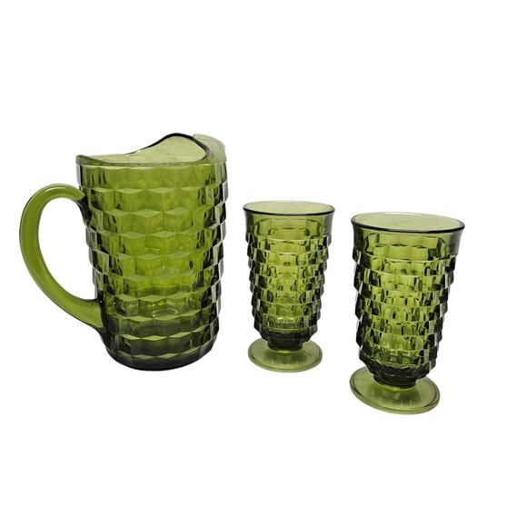 Vintage 60's Glass Pitcher 2 Tumblers Whitehall INDIANA GLASS Mid Century Mod - Picture 1 of 2